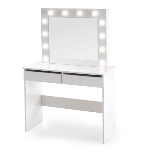 Moderní toaletní stolek s LED zrcadlem Sybilla bílý na líčení se zásuvkami do ložnice Intesi