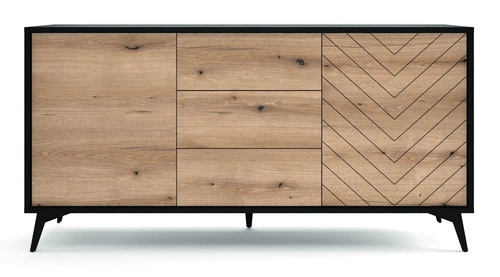 Komoda Fargo 154 cm moderní s zásuvkami na nožkách do obýváku dub a černá Intesi
