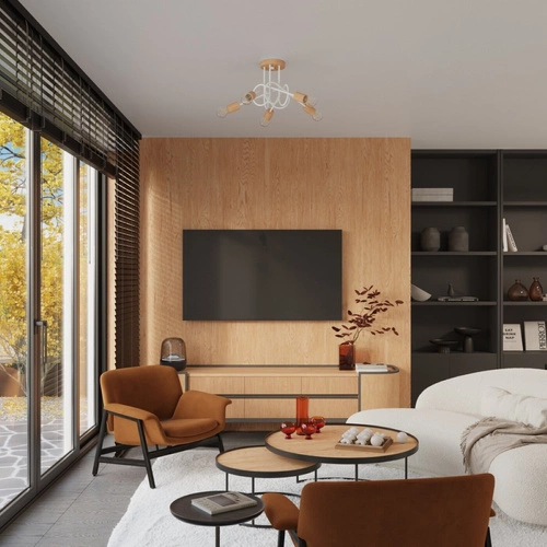 Stropní lustr EMBER 5 bílý minimalistický s dřevem do obýváku a jídelny 61 cm