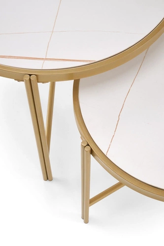 Sada 2 kulatých konferenčních stolků Kalund bílý mramor zlatý moderní glamour do obýváku