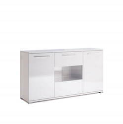 Komoda Flory 150 cm bílá lesk moderní s policemi na nožkách do obýváku Intesi