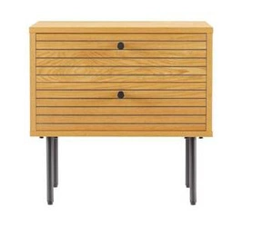 Noční stolek Lattes 50x40 cm se 2 zásuvkami ve skandinávském stylu, přírodní dub a černý kov