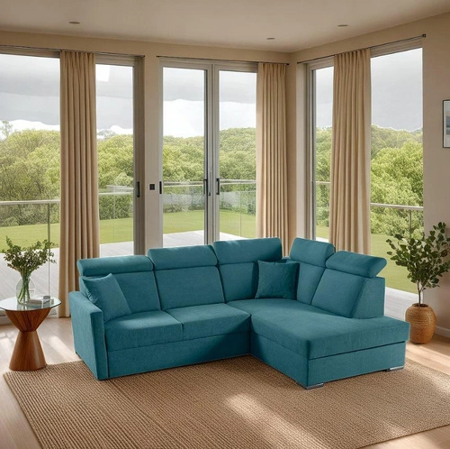 Rohová rozkládací sedačka do obýváku Mils XL mořská moderní s úložným prostorem pravá