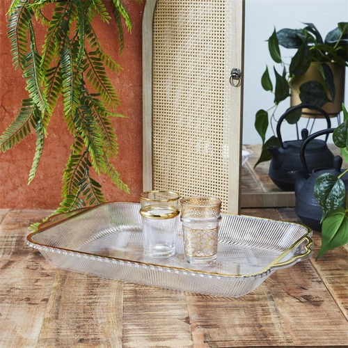 Dekorační tác Mirage Intesi transparentní se zlatým okrajem 41 cm na servírování nápojů