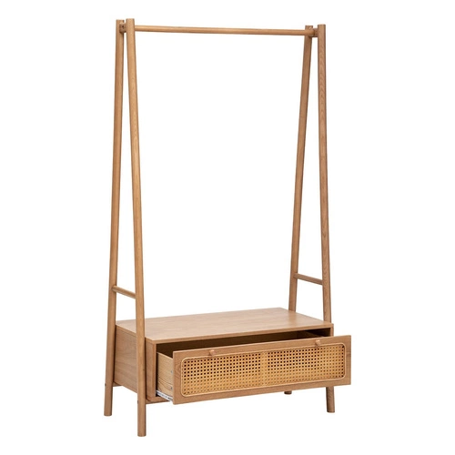 Stojanový věšák do předsíně Tiria Atmosphera s ratanovou zásuvkou z jasanového dřeva