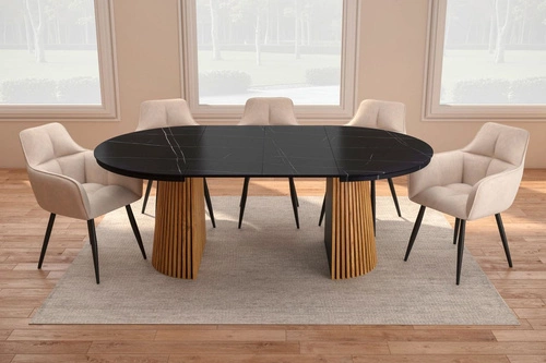 Rozkládací kulatý jídelní stůl Kyoto 120–200 cm černý mramor/dub moderní