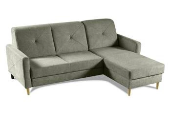 Moderní zelená levostranná rohová pohovka Scandi s rozkladem a úložným prostorem do obýváku