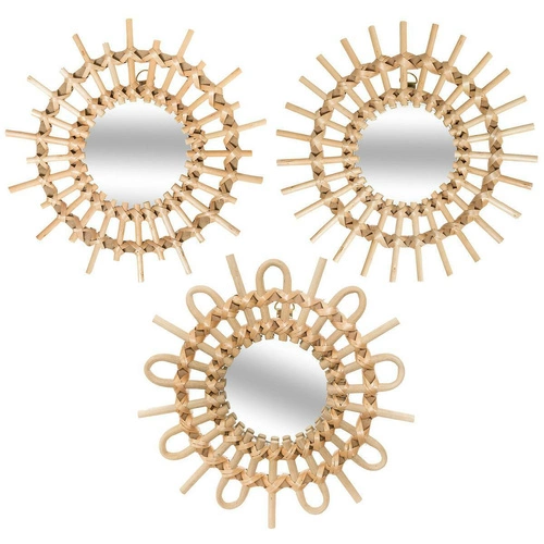 Sada 3 kulatých zrcadel boho Sunflower Atmosphera závěsná do obýváku v ratanovém rámu