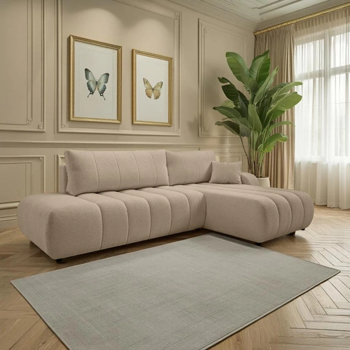 Rohová rozkládací pohovka Hobro béžová moderní do obýváku s úložným prostorem pravá