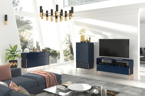 Komoda se zásuvkami Polka Navy Blue 120 cm glamour modrá na zlatých nohách do obýváku