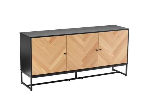 Komoda Clar 160 cm moderní dub a černá s čely v rybí kosti na kovových nohách do obýváku