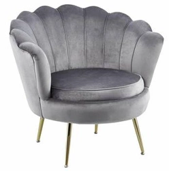 Křeslo Korab VIC šedý samet glamour s mušlovým opěradlem a zlatými nohami do obýváku