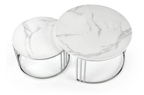 Sada 2 kulatých konferenčních stolků Yasmine skleněných glamour stříbrno-bílých do obýváku