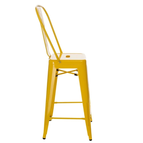 Barová židle Paris Back 66 cm žlutá kovová s opěradlem k kuchyňskému ostrůvku industriální ve stylu Tolix