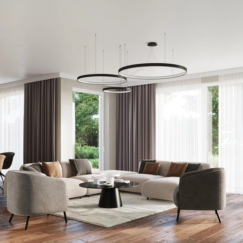 Moderní LED lustr RIO 55 černý, kulatý kovový, industriální styl, 3000K, do obývacího pokoje