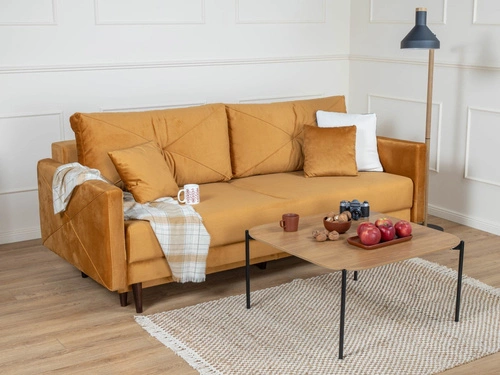 Rozkládací pohovka se spací funkcí Saxo dvoumístná do obýváku moderní žlutá s úložným prostorem