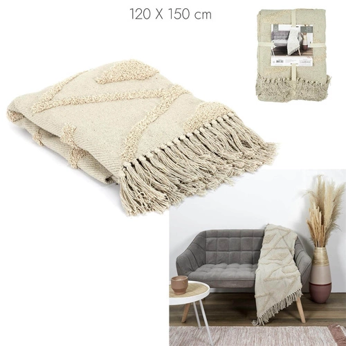 Bavlněná boho deka Bali béžová 120x150 hřejivý pléd na pohovku nebo do obýváku