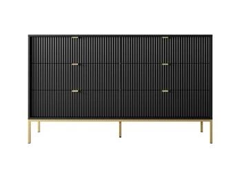 Černá rýhovaná komoda Delicious se 6 zásuvkami na zlatých nožkách glamour do obýváku 154 cm