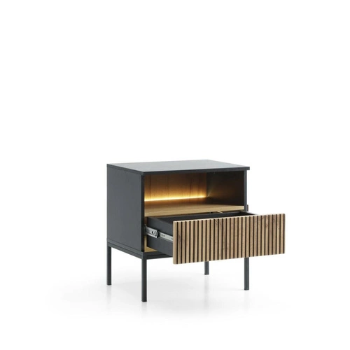 Noční stolek Intesi Novel 54x39 cm, černý/dub wotan, industriální styl se zásuvkou