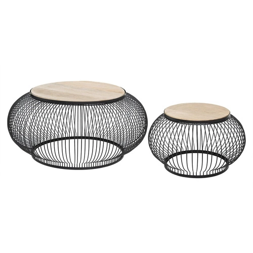 Sada 2 kulatých konferenčních stolků do obýváku loft mangové dřevo černá Atmosphera