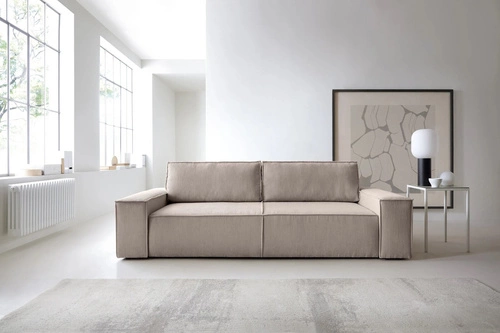 Rozkládací pohovka Molde z manšestru béžová s úložným prostorem a funkcí spaní do obýváku