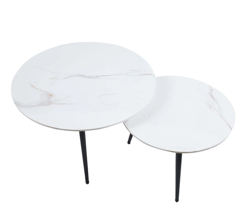Sada 2 kulatých konferenčních stolků Tifa bílý mramor moderní loft do obýváku 80 a 60 cm