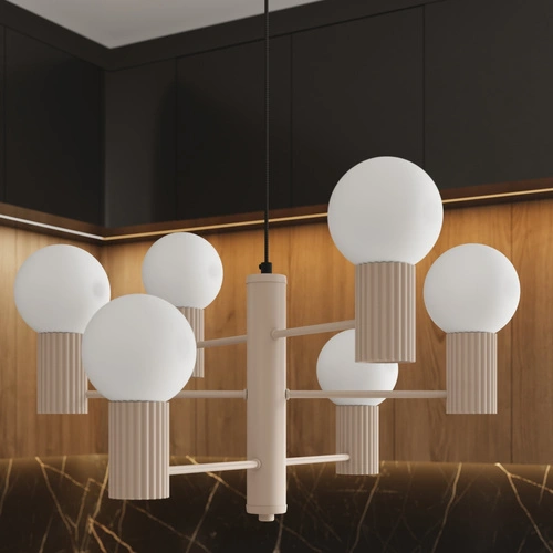 Moderní lustr HALO 6 béžový do obývacího pokoje a jídelny se skleněnými kulovitými stínidly