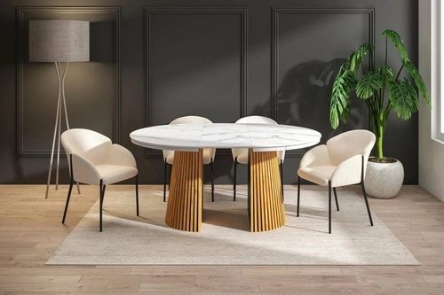 Rozkládací jídelní stůl Kyoto kulatý 120/200 cm bílý mramor dub moderní do jídelny a obýváku