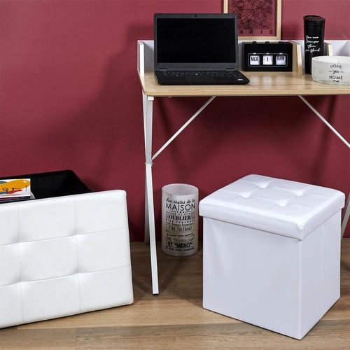 Skládací bílý taburet Intesi Vels se schovkou, čtvercový, do předsíně a obýváku ve stylu glamour