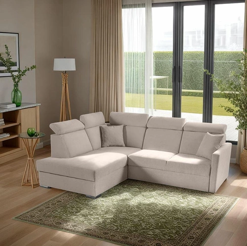 Rohová rozkládací pohovka Mils XL béžová moderní do obýváku s úložným prostorem levá