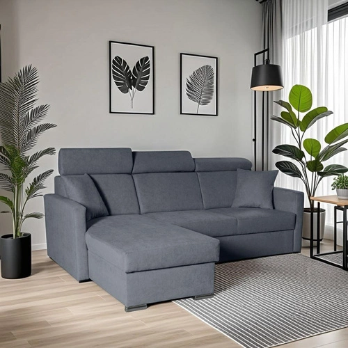 Moderní rohová rozkládací pohovka s úložným prostorem Mils do obýváku šedá modrá