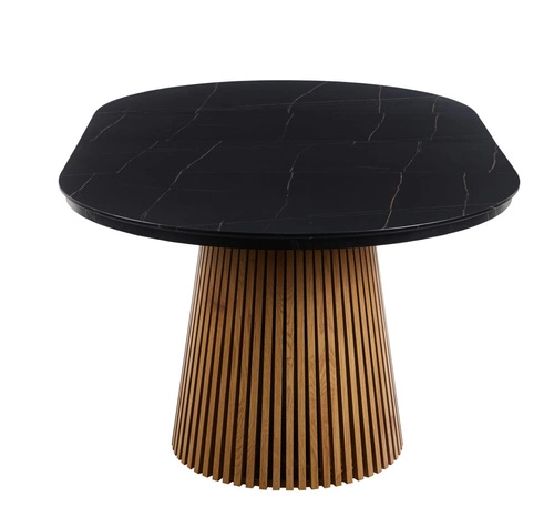 Rozkládací kulatý jídelní stůl Kyoto 120–200 cm černý mramor/dub moderní
