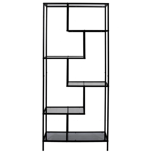 Industriální černá kovová knihovna Edison se skleněnými policemi do obýváku 180 cm