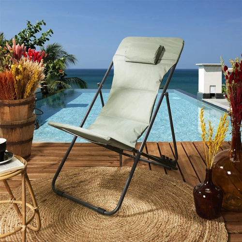 Zahradní lehátko Grue khaki skládací s nastavitelným opěradlem kovové moderní na pláž Ventos