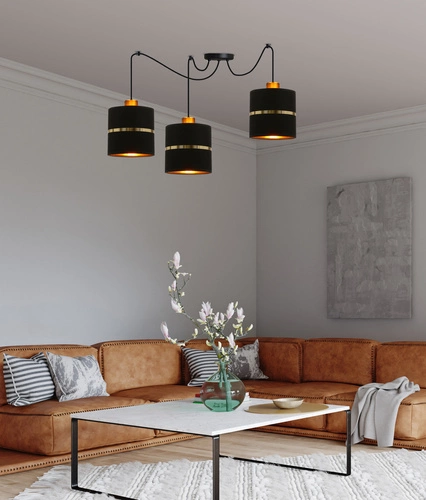 Závěsné svítidlo Assam černé zlaté 3bodové do obýváku a nad stůl, výškově nastavitelné, moderní