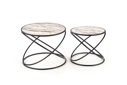 Sada 2 kulatých konferenčních stolků Chaletz bílý mramor moderní do obýváku 2v1