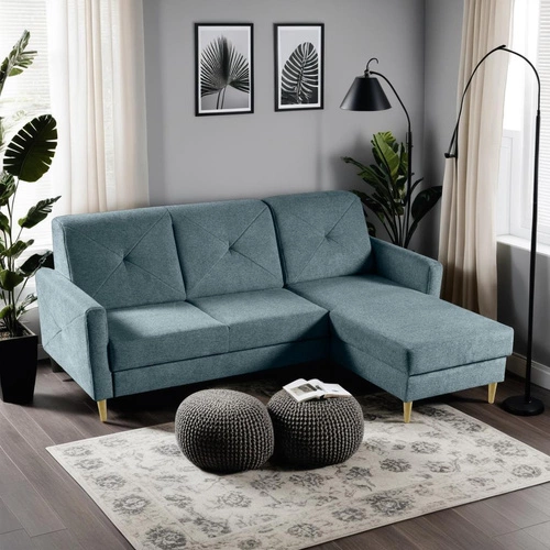 Modulární modrý rohový gauč Scandi ve skandinávském stylu s rozkladem a úložným prostorem do obýváku