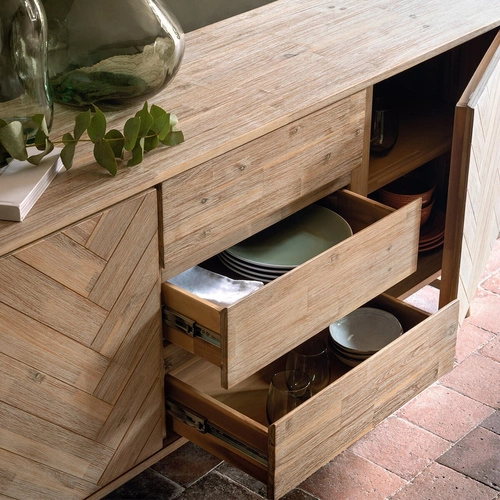 Komoda Aeris 180 cm dřevěná se zásuvkami skandinávský vzor rybí kost do obýváku Atmosphera