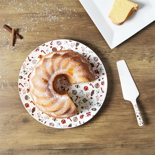 Bílý keramický dortový talíř s lopatkou Intesi Vánoční 30 cm do jídelny