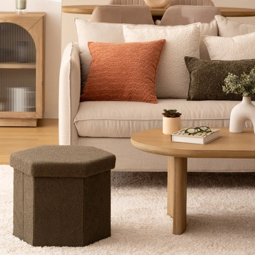 Skládací taburet Jaiko boucle khaki s úložným prostorem, šestihranný, moderní do obýváku Atmosphera