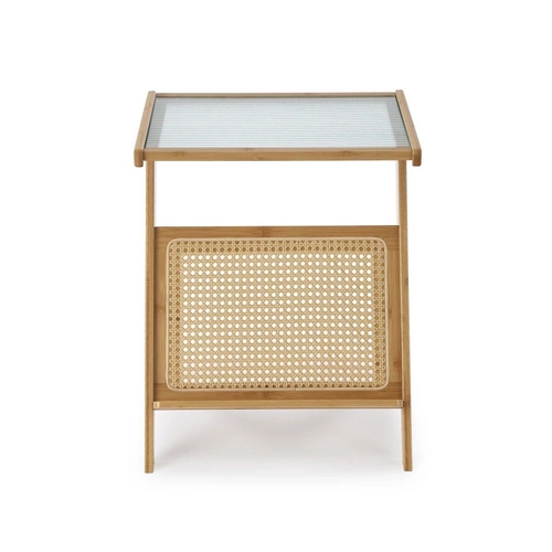 Ratanový konferenční stolek Balli boho s obdélníkovou skleněnou deskou v přírodní barvě do obývacího pokoje Intesi