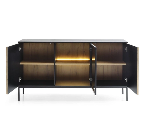 Komoda Novel 154 cm dub wotan černá s LED osvětlením moderní do obýváku na nožkách