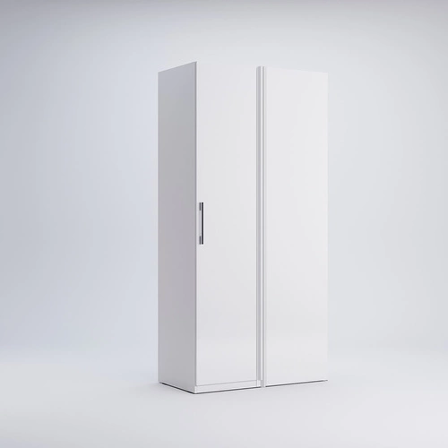 Rohová šatní skříň Flory bílý lesk moderní posuvná s policemi do ložnice