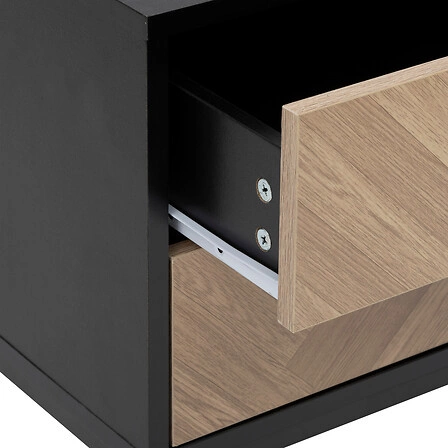 Noční stolek Chevron 40 cm se dvěma zásuvkami, přírodní dřevěný dekor, loftový styl, černohnědá elegance, Atmosphera