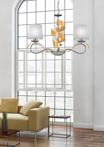 Závěsné svítidlo Denis glamour 3-ramenné, nastavitelné, do obýváku, zlaté, textilní, 68 cm