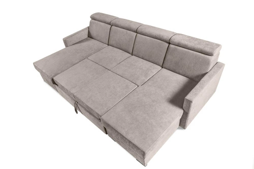 Moderní béžová rohová sedačka do obýváku s rozkladem a úložným prostorem Mils U Intesi