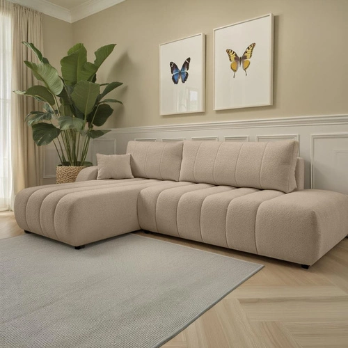 Moderní béžová rohová sedačka Hobro s rozkladem na spaní levá do obýváku s úložným prostorem