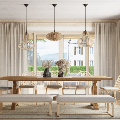 Dřevěné závěsné svítidlo Elza v přírodním stylu do obýváku a nad jídelní stůl boho Sollux