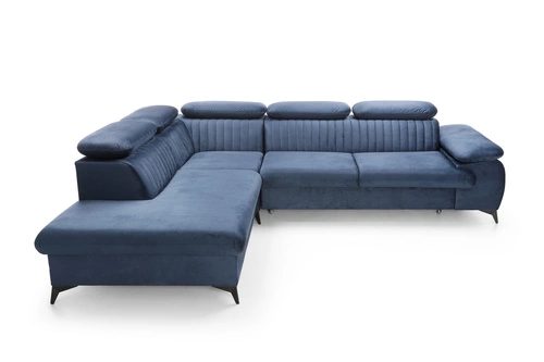 Rohová rozkládací pohovka Lund L levá, tmavě modrá, skandinávský styl, s úložným prostorem do obýváku