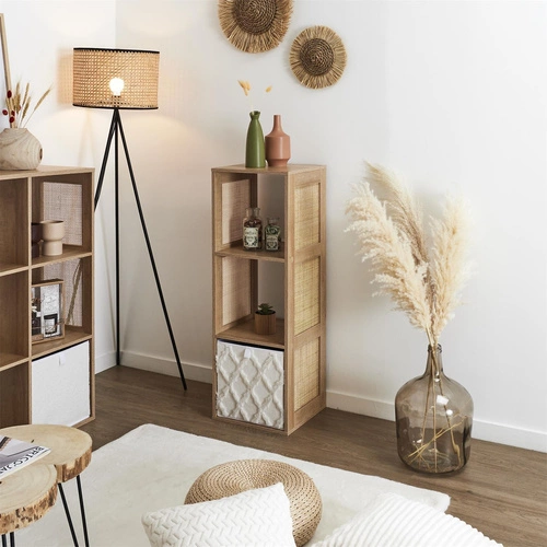 Regál na knihy Kali 3 police skandinávský ratanový přírodní do obýváku a ložnice Intesi